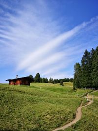 Scenic view of field by houses against sky