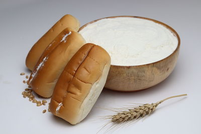 High angle view of bread in bowl on table