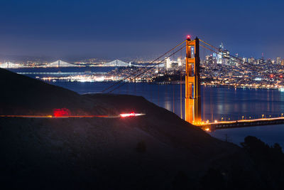 View of suspension bridge in city at night