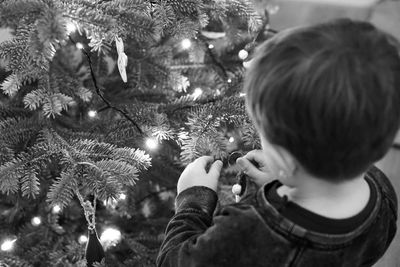 Rear view of boy with christmas tree