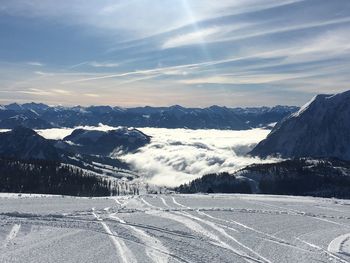 Scenic view of snowcapped mountains against sky