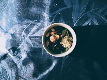 High angle view of breakfast served on table