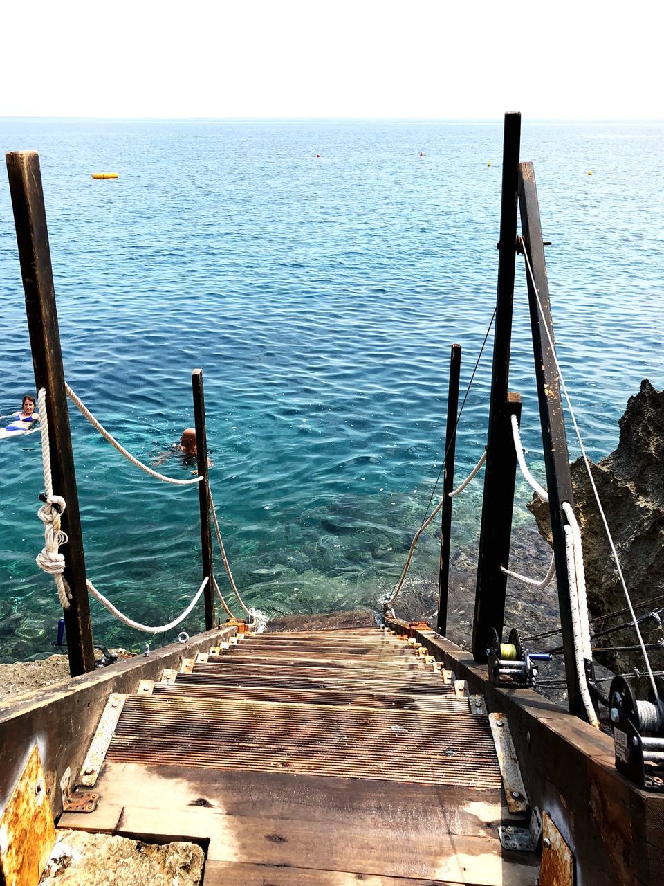 HIGH ANGLE VIEW OF PIER IN SEA