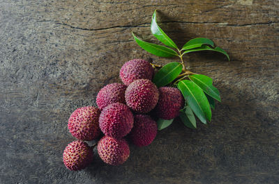 High angle view of strawberries on table