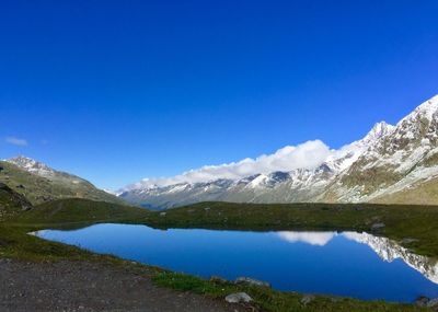 Scenic view of lake and mountains against blue sky