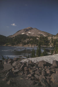 Scenic view of lake and mountains against clear sky