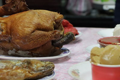 Close-up of food served on table