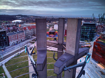 High angle view of buildings against sky