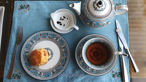 High angle view of breakfast on table