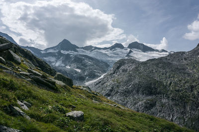 Scenic view of snowcapped mountains against sky