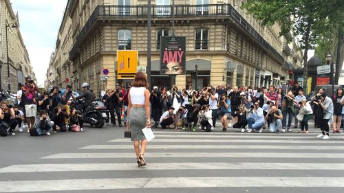 People walking on city street