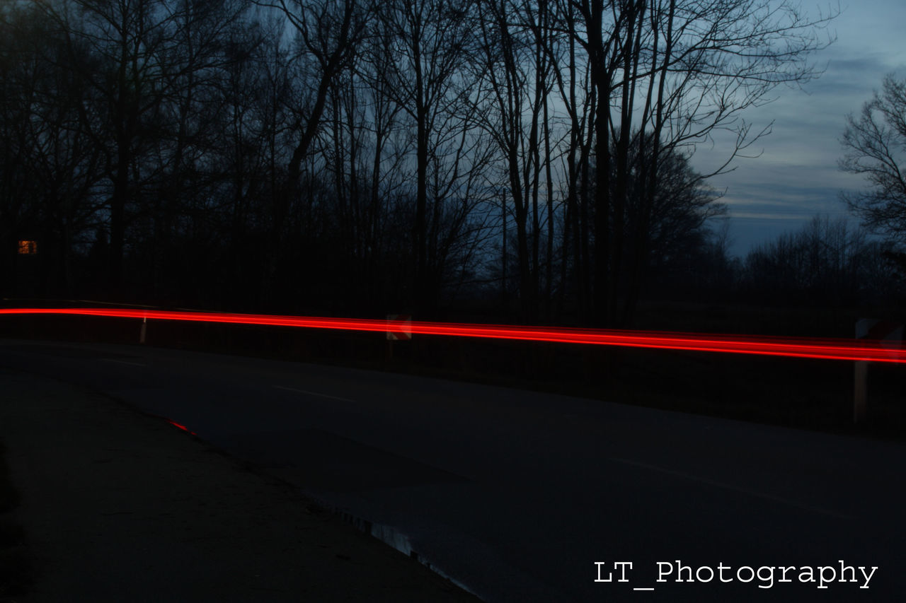 transportation, illuminated, long exposure, light trail, road, night, speed, motion, tree, blurred motion, road marking, street, car, sky, traffic, street light, on the move, land vehicle, red, the way forward