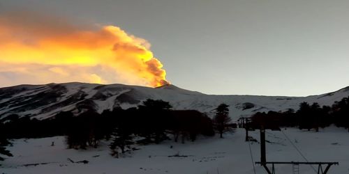 Scenic view of snowcapped mountains against sky during sunset