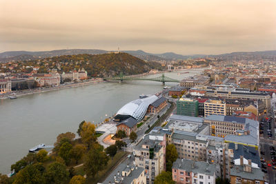 Hungary - budapest fromdrone view with citadel, danube, liberty bridge, liberty statue