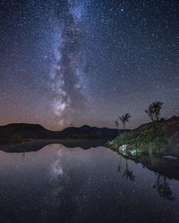 Scenic view of lake against sky at night