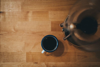 High angle view of coffee cup on table