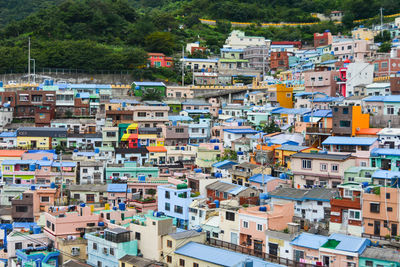 High angle view of houses in town