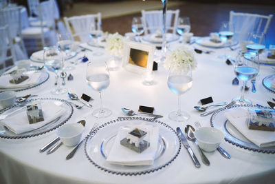 Empty chairs and tables in restaurant