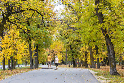 Rear view of women walking in park during autumn