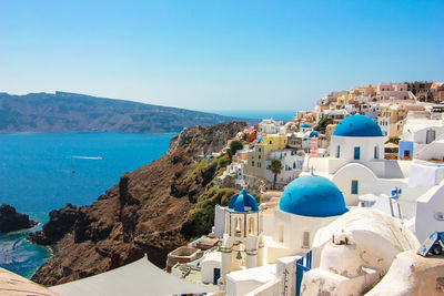 View of the beautiful blue domes of santorini