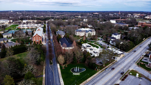 High angle view of road amidst buildings in city