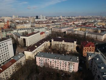 High angle shot of townscape against sky