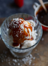 High angle view of ice cream in bowl on table