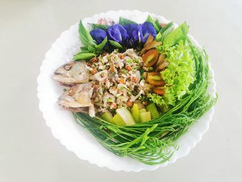 High angle view of multi colored candies on white plate