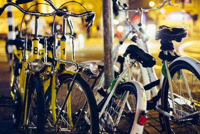 Close-up of bicycles parked