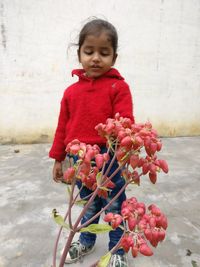 Cute girl looking away against red wall