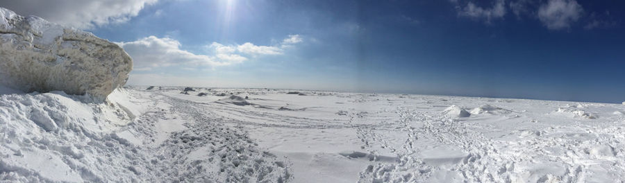 Panoramic view of snowcapped mountains against sky