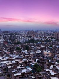 High angle view of townscape against sky during sunset