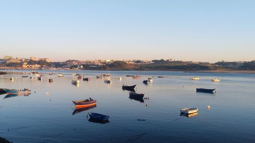 Boats moored on shore against clear sky