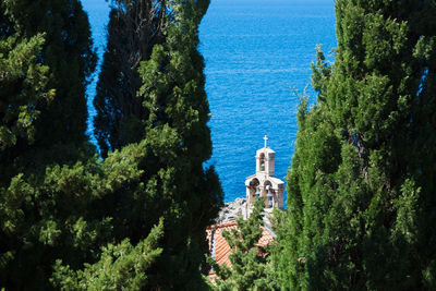 High angle view of trees by sea against sky