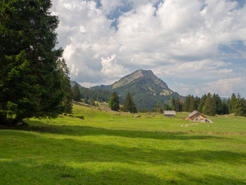 Scenic view of landscape and mountains against sky