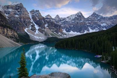 Panoramic view of lake and snowcapped mountains against sky