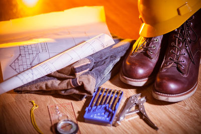 High angle view of objects on table