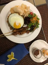 High angle view of food served on table