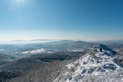 Scenic view of snowcapped mountains against clear sky