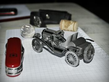 High angle view of toy car on table