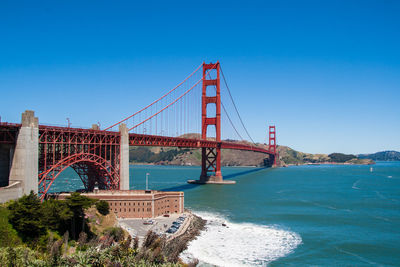 View of suspension bridge against blue sky