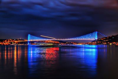 Suspension bridge over river at night