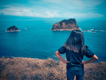 Rear view of man looking at sea against sky