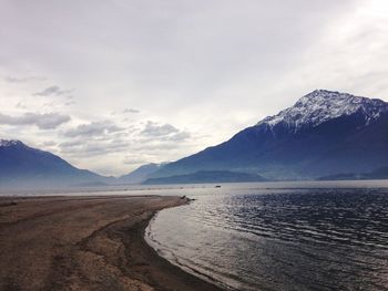 Scenic view of sea and mountains against sky