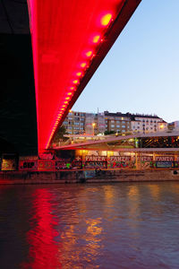 Bridge over river in city against clear sky