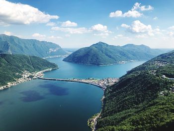 Scenic view of sea and mountains against sky