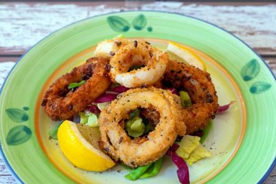 High angle view of breakfast served in plate on table