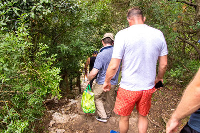 Rear view of men walking on road amidst plants