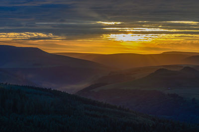 Scenic view of mountains against sky during sunset