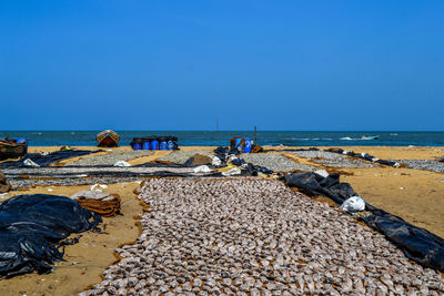 Scenic view of beach against clear blue sky